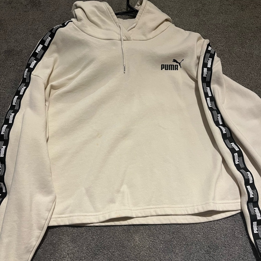 Puma cropped Cream Hoodie with Logo Tape
